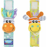 Set jucarii zornaitoare, Playgro, Include sosete interactive si 2 bratari, Inchidere cu velcro, Stimuleaza dezvoltarea senzoriala si tactila, 6 luni+, Jungle Wrist Rattle and Foot Finder