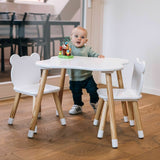 Set masuta si doua scaune, FreeON, Bear, Pentru copii, Din lemn, Cu marginile rotunjite, Conform cu standardele europene de securitate EN71-1;2018, EN71-2:2020, EN71-3:2021, Alb
