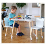 Set masuta si doua scaune, FreeON, Bear, Pentru copii, Din lemn, Cu marginile rotunjite, Conform cu standardele europene de securitate EN71-1;2018, EN71-2:2020, EN71-3:2021, Alb