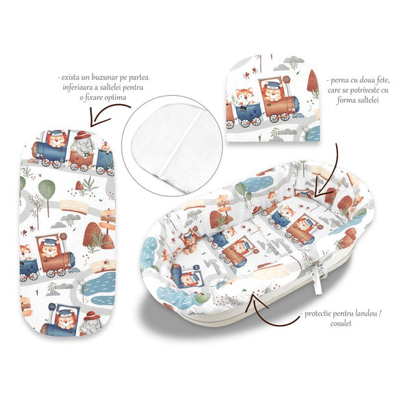 Set pentru landou/cosulet, MimiNu, Cu protectie, saltea si pernuta, Din bumbac certificat Oeko Tex Standard 100, Design, Zoo in train