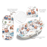 Set pentru landou/cosulet, MimiNu, Cu protectie, saltea si pernuta, Din bumbac certificat Oeko Tex Standard 100, Design, Zoo in train