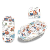 Set pentru landou/cosulet, MimiNu, Cu protectie, saltea si pernuta, Din bumbac certificat Oeko Tex Standard 100, Design, Zoo in train