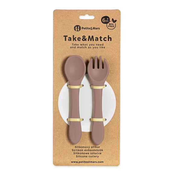Set tacamuri, Petite&Mars, Take&Match, Din silicon, Forma ergonomica, Delicate cu gingiile, Adecvate pentru masina de spalat vase, Fara BPA, 6 luni+, Velvet Latte, Maro pudrat
