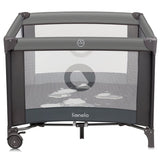 Tarc de joaca copii, Lionelo, Bonnie, Pana la 15 kg, 100 x 100 cm, Pliere compacta, Include geanta de transport, Din plasa, Cu intrare laterala cu fermoar, Cu roti, Cu salteluta din spuma, Conform cu EN12227, Gri inchis