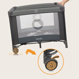 Tarc de joaca copii, Lionelo, Bonnie, Pana la 15 kg, 100 x 100 cm, Pliere compacta, Include geanta de transport, Din plasa, Cu intrare laterala cu fermoar, Cu roti, Cu salteluta din spuma, Conform cu EN12227, Gri inchis