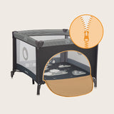 Tarc de joaca copii, Lionelo, Bonnie, Pana la 15 kg, 100 x 100 cm, Pliere compacta, Include geanta de transport, Din plasa, Cu intrare laterala cu fermoar, Cu roti, Cu salteluta din spuma, Conform cu EN12227, Gri inchis