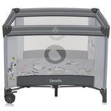 Tarc de joaca copii, Lionelo, Bonnie, Pana la 15 kg, 100 x 100 cm, Pliere compacta, Include geanta de transport, Din plasa, Cu intrare laterala cu fermoar, Cu roti, Cu salteluta din spuma, Conform cu EN12227, Gri deschis