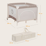 Tarc de joaca copii, Lionelo, Bonnie, Pana la 15 kg, 100 x 100 cm, Pliere compacta, Include geanta de transport, Din plasa, Cu intrare laterala cu fermoar, Cu roti, Cu salteluta din spuma, Conform cu EN12227, Bej