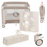 Tarc de joaca copii, Lionelo, Bonnie, Pana la 15 kg, 100 x 100 cm, Pliere compacta, Include geanta de transport, Din plasa, Cu intrare laterala cu fermoar, Cu roti, Cu salteluta din spuma, Conform cu EN12227, Bej