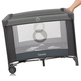 Tarc de joaca copii, Lionelo, Bonnie, Pana la 15 kg, 100 x 100 cm, Pliere compacta, Include geanta de transport, Din plasa, Cu intrare laterala cu fermoar, Cu roti, Cu salteluta din spuma, Conform cu EN12227, Gri inchis