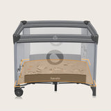 Tarc de joaca copii, Lionelo, Bonnie, Pana la 15 kg, 100 x 100 cm, Pliere compacta, Include geanta de transport, Din plasa, Cu intrare laterala cu fermoar, Cu roti, Cu salteluta din spuma, Conform cu EN12227, Gri deschis