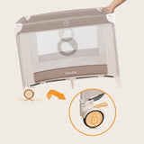 Tarc de joaca copii, Lionelo, Bonnie, Pana la 15 kg, 100 x 100 cm, Pliere compacta, Include geanta de transport, Din plasa, Cu intrare laterala cu fermoar, Cu roti, Cu salteluta din spuma, Conform cu EN12227, Bej