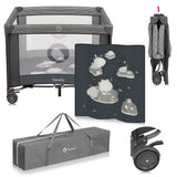 Tarc de joaca copii, Lionelo, Bonnie, Pana la 15 kg, 100 x 100 cm, Pliere compacta, Include geanta de transport, Din plasa, Cu intrare laterala cu fermoar, Cu roti, Cu salteluta din spuma, Conform cu EN12227, Gri inchis