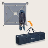 Tarc de joaca copii, Lionelo, Bonnie, Pana la 15 kg, 100 x 100 cm, Pliere compacta, Include geanta de transport, Din plasa, Cu intrare laterala cu fermoar, Cu roti, Cu salteluta din spuma, Conform cu EN12227, Albastru