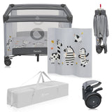 Tarc de joaca copii, Lionelo, Bonnie, Pana la 15 kg, 100 x 100 cm, Pliere compacta, Include geanta de transport, Din plasa, Cu intrare laterala cu fermoar, Cu roti, Cu salteluta din spuma, Conform cu EN12227, Gri deschis