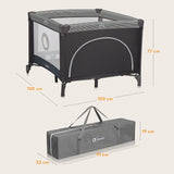 Tarc de joaca copii, Lionelo, Bonnie, Pana la 15 kg, 100 x 100 cm, Pliere compacta, Include geanta de transport, Din plasa, Cu intrare laterala cu fermoar, Cu roti, Cu salteluta din spuma, Conform cu EN12227, Gri inchis