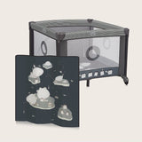 Tarc de joaca copii, Lionelo, Bonnie, Pana la 15 kg, 100 x 100 cm, Pliere compacta, Include geanta de transport, Din plasa, Cu intrare laterala cu fermoar, Cu roti, Cu salteluta din spuma, Conform cu EN12227, Gri inchis