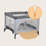 Tarc de joaca copii, Lionelo, Bonnie, Pana la 15 kg, 100 x 100 cm, Pliere compacta, Include geanta de transport, Din plasa, Cu intrare laterala cu fermoar, Cu roti, Cu salteluta din spuma, Conform cu EN12227, Gri deschis