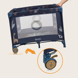 Tarc de joaca copii, Lionelo, Bonnie, Pana la 15 kg, 100 x 100 cm, Pliere compacta, Include geanta de transport, Din plasa, Cu intrare laterala cu fermoar, Cu roti, Cu salteluta din spuma, Conform cu EN12227, Albastru