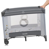 Tarc de joaca copii, Lionelo, Bonnie, Pana la 15 kg, 100 x 100 cm, Pliere compacta, Include geanta de transport, Din plasa, Cu intrare laterala cu fermoar, Cu roti, Cu salteluta din spuma, Conform cu EN12227, Gri deschis