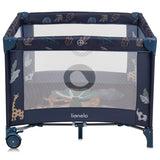 Tarc de joaca copii, Lionelo, Bonnie, Pana la 15 kg, 100 x 100 cm, Pliere compacta, Include geanta de transport, Din plasa, Cu intrare laterala cu fermoar, Cu roti, Cu salteluta din spuma, Conform cu EN12227, Albastru