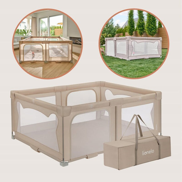 Tarc de joaca copii, Lionelo, Florence Easy Fold, 150 x 180 x 75 cm, Pliere, depliere automata, Include geanta de transport, Din plasa, Cu doua intrari laterale, 0-48 luni, Conform cu EN12227, Bej