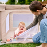 Tarc de joaca copii, Lionelo, Florence Easy Fold, 150 x 180 x 75 cm, Pliere, depliere automata, Include geanta de transport, Din plasa, Cu doua intrari laterale, 0-48 luni, Conform cu EN12227, Bej