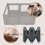 Tarc de joaca copii, Lionelo, Florence Easy Fold, 150 x 180 x 75 cm, Pliere, depliere automata, Include geanta de transport, Din plasa, Cu doua intrari laterale, 0-48 luni, Conform cu EN12227, Gri