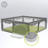 Tarc de joaca copii, Lionelo, Willow XL,180 x 200 cm, Pliere compacta, Include geanta de transport, Din plasa, Cu doua intrari laterale si fermoar, Cu ventuze pentru stabilitate, Conform cu EN 12227:2010, Gri