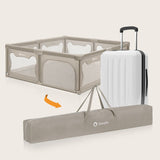 Tarc de joaca copii, Lionelo, Willow XL,180 x 200 cm, Pliere compacta, Include geanta de transport, Din plasa, Cu doua intrari laterale si fermoar, Cu ventuze pentru stabilitate, Conform cu EN 12227:2010, Bej