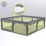 Tarc de joaca copii, Lionelo, Willow XL,180 x 200 cm, Pliere compacta, Include geanta de transport, Din plasa, Cu doua intrari laterale si fermoar, Cu ventuze pentru stabilitate, Conform cu EN 12227:2010, Gri