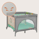 Tarc de joaca, Lionelo, Mille Plus, Pliabil, Include saltea cu densitate T25, 4 jucarii cu velcro, Manere textile, Geanta de transport, Cu roti si inchidere laterala, Pereti din plasa pentru vizibilitate si aerisire, 100 x 100 x 77 cm, Verde