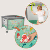 Tarc de joaca, Lionelo, Mille Plus, Pliabil, Include saltea cu densitate T25, 4 jucarii cu velcro, Manere textile, Geanta de transport, Cu roti si inchidere laterala, Pereti din plasa pentru vizibilitate si aerisire, 100 x 100 x 77 cm, Verde