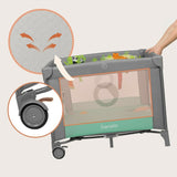 Tarc de joaca, Lionelo, Mille Plus, Pliabil, Include saltea cu densitate T25, 4 jucarii cu velcro, Manere textile, Geanta de transport, Cu roti si inchidere laterala, Pereti din plasa pentru vizibilitate si aerisire, 100 x 100 x 77 cm, Verde