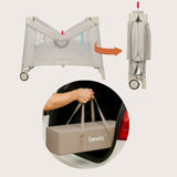 Tarc de joaca, Lionelo, Mille Plus, Pliabil, Include saltea cu densitate T25, 4 jucarii cu velcro, Manere textile, Geanta de transport, Cu roti si inchidere laterala, Pereti din plasa pentru vizibilitate si aerisire, 100 x 100 x 77 cm, Bej