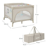 Tarc de joaca, Lionelo, Mille Plus, Pliabil, Include saltea cu densitate T25, 4 jucarii cu velcro, Manere textile, Geanta de transport, Cu roti si inchidere laterala, Pereti din plasa pentru vizibilitate si aerisire, 100 x 100 x 77 cm, Bej