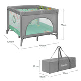 Tarc de joaca, Lionelo, Mille Plus, Pliabil, Include saltea cu densitate T25, 4 jucarii cu velcro, Manere textile, Geanta de transport, Cu roti si inchidere laterala, Pereti din plasa pentru vizibilitate si aerisire, 100 x 100 x 77 cm, Verde