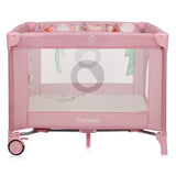 Tarc de joaca, Lionelo, Mille Plus, Pliabil, Include saltea cu densitate T25, 4 jucarii cu velcro, Manere textile, Geanta de transport, Cu roti si inchidere laterala, Pereti din plasa pentru vizibilitate si aerisire, 100 x 100 x 77 cm, Roz