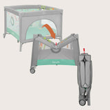 Tarc de joaca, Lionelo, Mille Plus, Pliabil, Include saltea cu densitate T25, 4 jucarii cu velcro, Manere textile, Geanta de transport, Cu roti si inchidere laterala, Pereti din plasa pentru vizibilitate si aerisire, 100 x 100 x 77 cm, Verde