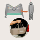 Tarc de joaca, Lionelo, Mille Plus, Pliabil, Include saltea cu densitate T25, 4 jucarii cu velcro, Manere textile, Geanta de transport, Cu roti si inchidere laterala, Pereti din plasa pentru vizibilitate si aerisire, 100 x 100 x 77 cm, Verde