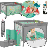 Tarc de joaca, Lionelo, Mille Plus, Pliabil, Include saltea cu densitate T25, 4 jucarii cu velcro, Manere textile, Geanta de transport, Cu roti si inchidere laterala, Pereti din plasa pentru vizibilitate si aerisire, 100 x 100 x 77 cm, Verde