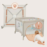 Tarc de joaca, Lionelo, Mille Plus, Pliabil, Include saltea cu densitate T25, 4 jucarii cu velcro, Manere textile, Geanta de transport, Cu roti si inchidere laterala, Pereti din plasa pentru vizibilitate si aerisire, 100 x 100 x 77 cm, Bej