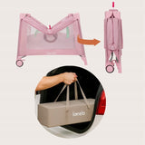 Tarc de joaca, Lionelo, Mille Plus, Pliabil, Include saltea cu densitate T25, 4 jucarii cu velcro, Manere textile, Geanta de transport, Cu roti si inchidere laterala, Pereti din plasa pentru vizibilitate si aerisire, 100 x 100 x 77 cm, Roz