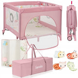 Tarc de joaca, Lionelo, Mille Plus, Pliabil, Include saltea cu densitate T25, 4 jucarii cu velcro, Manere textile, Geanta de transport, Cu roti si inchidere laterala, Pereti din plasa pentru vizibilitate si aerisire, 100 x 100 x 77 cm, Roz