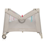 Tarc de joaca, Lionelo, Mille Plus, Pliabil, Include saltea cu densitate T25, 4 jucarii cu velcro, Manere textile, Geanta de transport, Cu roti si inchidere laterala, Pereti din plasa pentru vizibilitate si aerisire, 100 x 100 x 77 cm, Bej