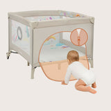 Tarc de joaca, Lionelo, Mille Plus, Pliabil, Include saltea cu densitate T25, 4 jucarii cu velcro, Manere textile, Geanta de transport, Cu roti si inchidere laterala, Pereti din plasa pentru vizibilitate si aerisire, 100 x 100 x 77 cm, Bej