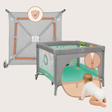 Tarc de joaca, Lionelo, Mille Plus, Pliabil, Include saltea cu densitate T25, 4 jucarii cu velcro, Manere textile, Geanta de transport, Cu roti si inchidere laterala, Pereti din plasa pentru vizibilitate si aerisire, 100 x 100 x 77 cm, Verde