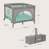 Tarc de joaca, Lionelo, Mille Plus, Pliabil, Include saltea cu densitate T25, 4 jucarii cu velcro, Manere textile, Geanta de transport, Cu roti si inchidere laterala, Pereti din plasa pentru vizibilitate si aerisire, 100 x 100 x 77 cm, Verde