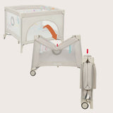 Tarc de joaca, Lionelo, Mille Plus, Pliabil, Include saltea cu densitate T25, 4 jucarii cu velcro, Manere textile, Geanta de transport, Cu roti si inchidere laterala, Pereti din plasa pentru vizibilitate si aerisire, 100 x 100 x 77 cm, Bej