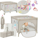 Tarc de joaca, Lionelo, Mille Plus, Pliabil, Include saltea cu densitate T25, 4 jucarii cu velcro, Manere textile, Geanta de transport, Cu roti si inchidere laterala, Pereti din plasa pentru vizibilitate si aerisire, 100 x 100 x 77 cm, Bej